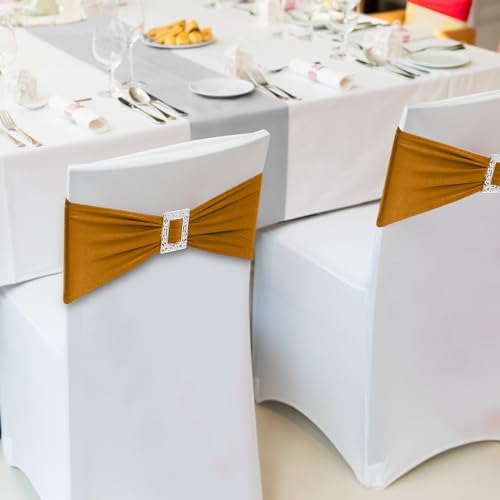 Joccun 120 PCS Spandex Chair Sashes Bows Stretch Chair Cover Band with Buckle Slider Universal Elastic Chair Ties for Wedding Banquet Party Event Decoration (Gold) - Image 6