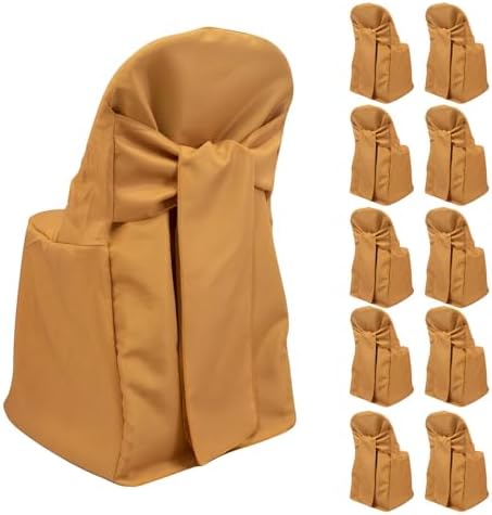 Efavormart 10 Pack Gold Linen Polyester Folding Chair Covers for Party Dining Chairs Reusable Wedding Chair Slipcovers with Attached Sashes Outdoor Event Decor - Image 4