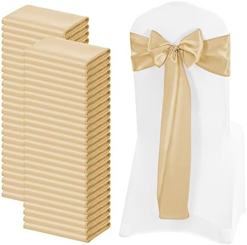 72 Pack Champagne Satin Chair Sashes, 7 x 108 Inch, Wedding Bows by FXKS