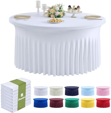 Outpain 8 Pack White Round Spandex Tablecloths for 60in/5FT Tables, 120Inch Stretchy Fitted Round Table Clothes,Wrinkle Free Table Cover with Skirt for Wedding Party Dining Banquet by Outpain