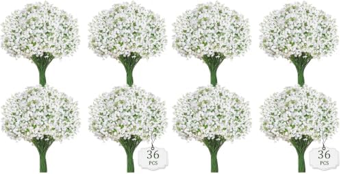36 Pcs Babys Breath Artificial Flowers, Baby Breath Flowers Artificial Bulk Long Stem Fake Babies Breath Faux Gypsophila White Flowers Artificial for Decoration Wedding Decor (Pack of 2) by Cherica