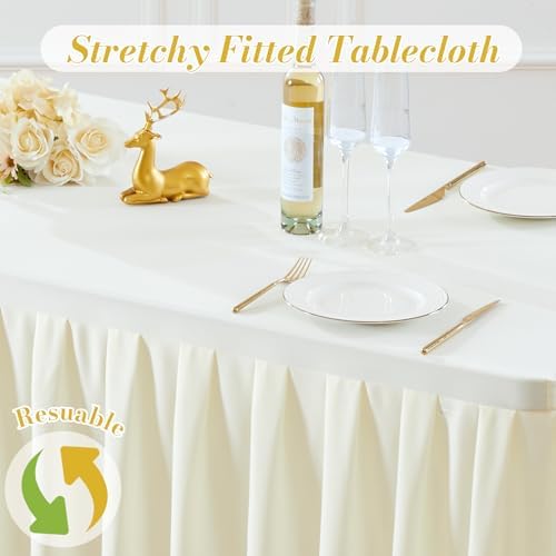 2 Pack Ivory Rectangle Tablecloth 6 FT Stretch Spandex Fitted Table Cloth for 6 Foot Rectangle Tables Banquet Tablecloths Wrinkle Free Table Cover Skirt Ruffle Tablecloths for Party Wedding Birthday - Image 7