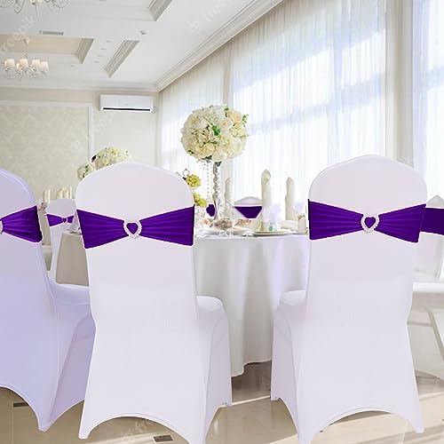 Pack of 60 Spandex Chair Sashes Bows Stretch Cover Band with Buckle Slider Universal Elastic Chair Ties for Wedding Banquet Party Event Decoration (Purple) - Image 6