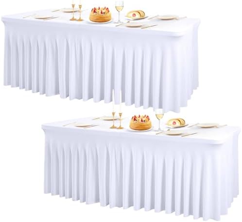 PARTISKY 2 Pack White Spandex Table Cloths for Rectangle Tables 6ft, White Table Skirt for Party, Table Cover with Skirt for Wedding Folding Table Banquet Baby Shower & Birthday Parties by Partisky