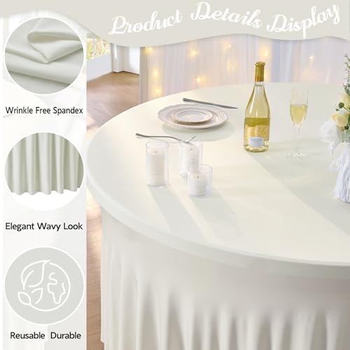 Outpain 6 Pack Spandex Ivory Round Tablecloths for 60in Tables, 120Inch Stretchy Fitted 5FT Round Table Clothes,Wrinkle Free Table Cover with Skirt for Wedding Party Dining Banquet - Image 3