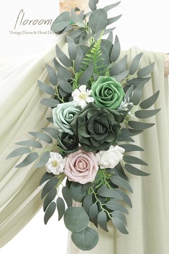 Floroom Arch Flowers with Drapes Kit (Pack of 4) - 2pcs Artificial Emerald & Sage Green Floral Swag Arrangement with 2pcs Draping Fabric for Wedding Ceremony Arbor and Reception Backdrop Decoration - Image 4