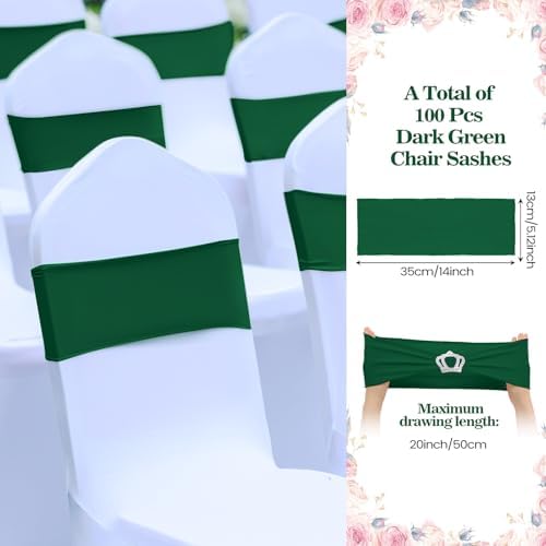 VitalCozy 100 Pcs Spandex Chair Sashes with Crown Buckle,Dark Green - Image 2