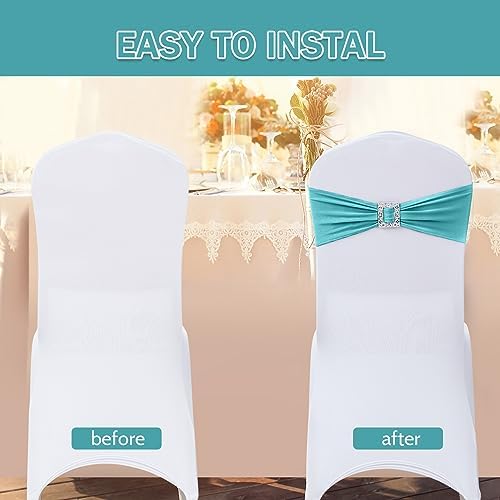 Joccun 30 PCS Spandex Chair Sashes Bows Stretch Chair Cover Band with Buckle Slider Universal Elastic Chair Ties for Wedding Banquet Party Event Decoration (Turquoise) - Image 4