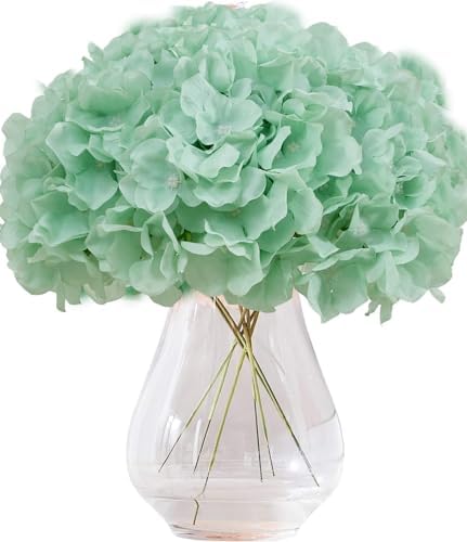 Artificial Hydrangea Flowers Mint Green Heads 10 Fake Hydrangea Silk Flowers for Wedding Centerpieces Bouquets DIY Floral Decor Home Decoration with Stems(VASE NOT Included) by Kislohum