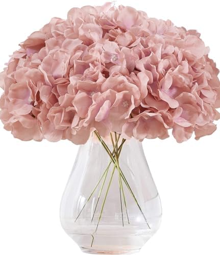 Dusty Rose Pink Artificial Hydrangea Flowers Heads 10 Fake Hydrangea Silk Flowers for Wedding Centerpieces Bouquets DIY Floral Decor Home Decoration with Stems(VASE NOT Included) by Kislohum