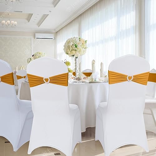 Pack of 60 Spandex Chair Sashes Bows Stretch Chair Cover Band with Buckle Slider Universal Elastic Chair Ties for Wedding Banquet Party Event Decoration (Gold) - Image 6