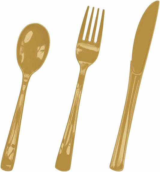HEIPINIUYE 75 Pack Gold Plastic Cutlery Heavy Duty Gold Plastic Knives Forks and Spoons Disposable Silverware Set for 25 Guest Camping Birthday Baby Shower Party Cutlery Set