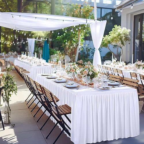 PARTISKY 6 Pack White Tablecloths for Rectangle Tables 8ft, Wrinkle Resistant White Table Cover Fitted Stretch Table Cloth with Pleated Ruffle Skirts for Party Banquet Dining Birthday Wedding - Image 6