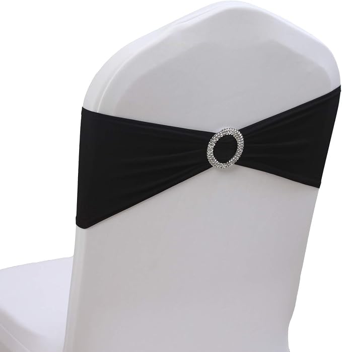50PCS Stretch Chair Sashes Bows Elastic Chair Bands with Buckle Slider Sashes Bows for Wedding Hotel Banquet Birthday Party Decorations (50PCS, Black) by SheYang