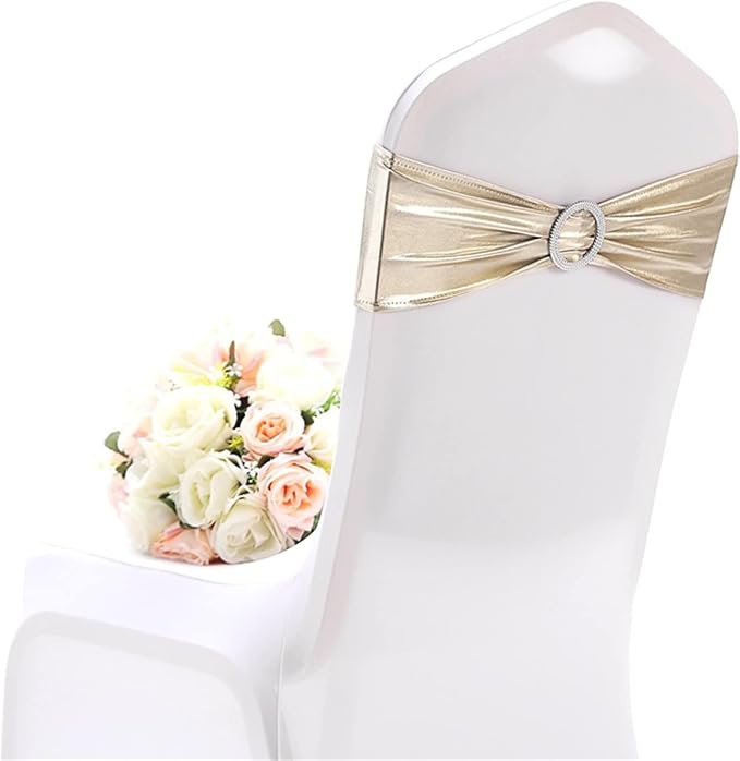 Dimatic 50 PCS Spandex Stretch Chair Sashes Bow Elastic Chair Cover Bands with Buckle Slider for Wedding, Banquet, Party, Hotel Event Decorations - Champagne by Dimatic