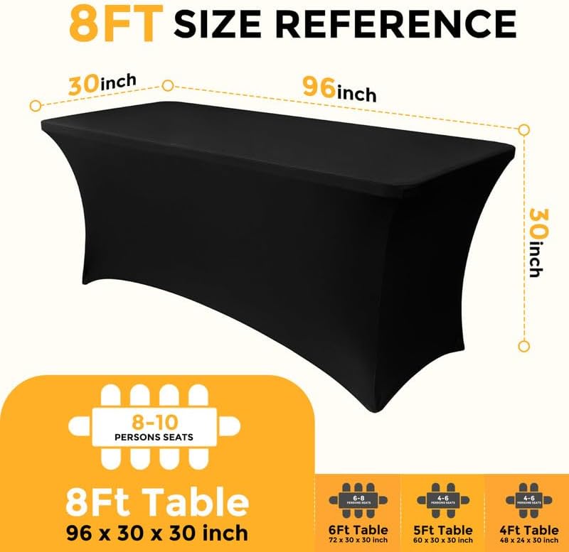 1 Pack 8FT Rectangular Spandex Tablecloth,Wrinkle Resistant Fitted Cover for 96x30 inch Banquet Table Cloth, Washable Stretch Fabric for Party, Events, Wedding, Vendor - Black - Image 5