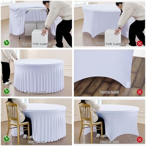 Outpain 8 Pack White Round Spandex Tablecloths for 60in/5FT Tables, 120Inch Stretchy Fitted Round Table Clothes,Wrinkle Free Table Cover with Skirt for Wedding Party Dining Banquet - Image 5