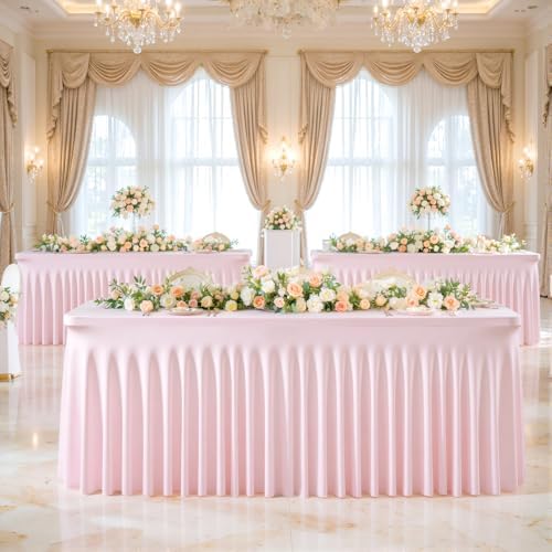 Besutolife 4 Pack Pink Spandex Tablecloth for 6ft Rectangle Tables Fitted Table Cloth Stretch Table Covers Skirt 6ft Rectangular Tablecloths for Banquet Parties Wedding Decorations - Image 5
