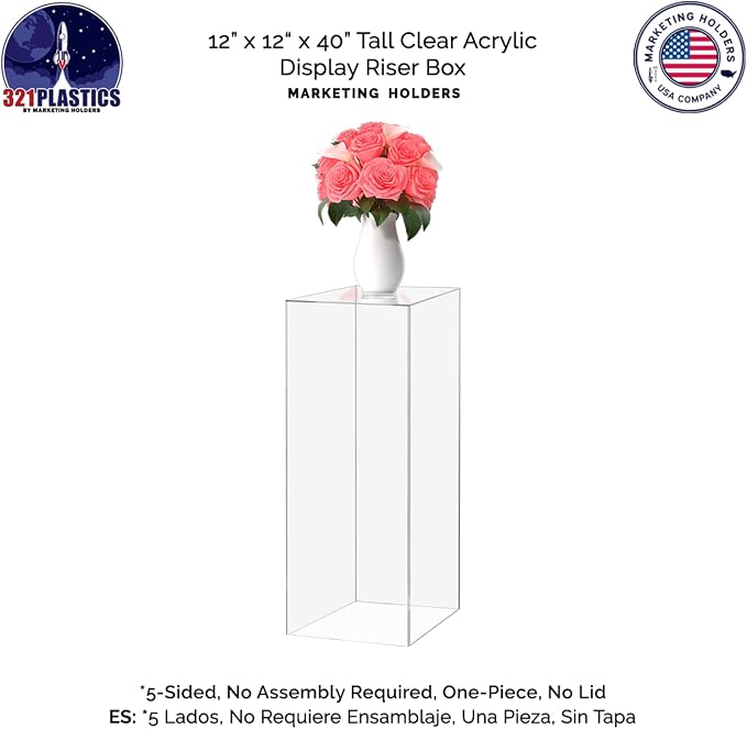 Acrylic Display Riser Box Tall Platform 12" x 12" x 40" No Lid Clear Risers Showcase Collectibles Pedestals Flower Tower 5 Sides Clear Hollow One Piece No Assembly Required by Marketing Holders - Image 6