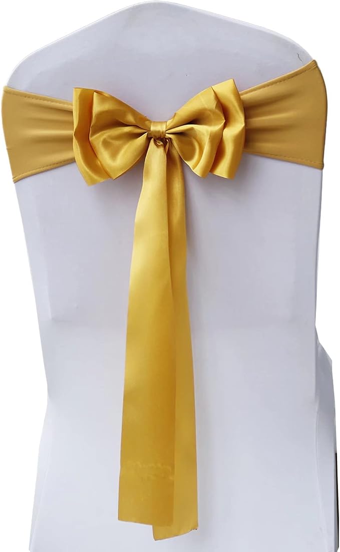 Pack of 25 Chair Sashes Spandex Chair Bands Satin Chair Sashes Chair Ribbons Bows Stretch Chair Sashes for Wedding Party Events Banquet Hotel Home Kitchen Chair Cover Decoration（25 PCS Gold） by MYS+QiQi