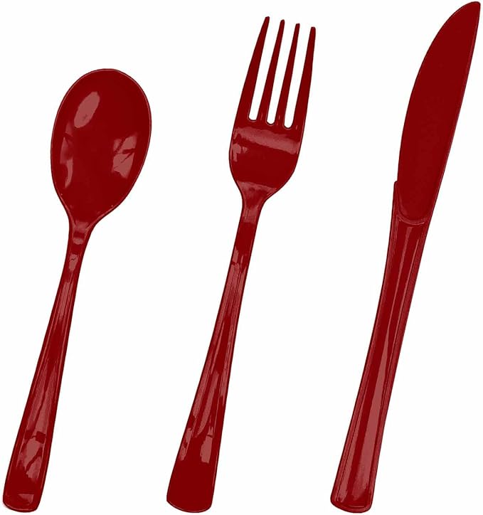 HEIPINIUYE 75 Pack Burgundy Plastic Cutlery Heavy Duty Burgundy Plastic Knives Forks and Spoons Disposable Silverware Set for 25 Guest Camping Birthday Baby Shower Party Cutlery Set