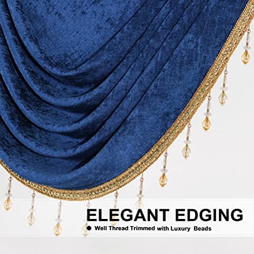 ELKCA Thick Chenille Window Curtains Valance for Living Room Royal Blue Swag Valance with Beads for Bedroom,Rod Pocket (W118inch,1 Panel) - Image 3