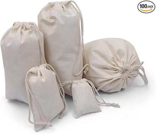 100Pcs 5 x 7 Inches Premium Cotton Muslin Double Drawstring Bags, Reusable Bag Natural Cotton Bags with Drawstring Produce Bags Bulk Gift Bag Jewelry Pouch for Party Wedding Home Storage by BIGLOTBAGS