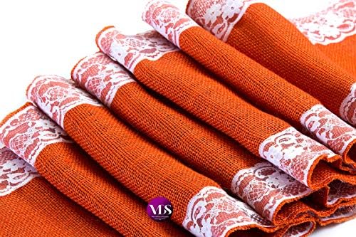 VDS Pack of 15, Burlap Table Runner with White Lace Edge, 100% Natural Jute Rustic Hessian Table Cloth Centerpiece for Wedding Birthday Party Banquet Table Decoration (Size 12X108 Inch)(Orange) - Image 2