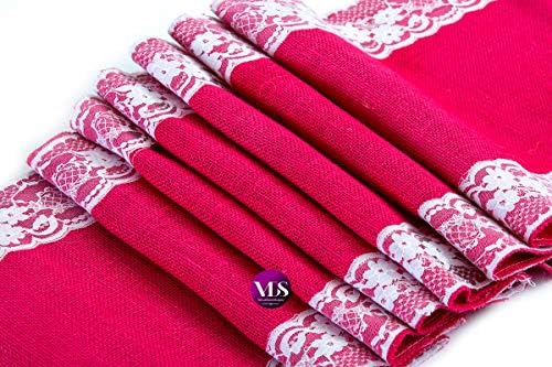 VDS Pack of 10, Burlap Table Runner with White Lace Edge, 100% Natural Jute Rustic Hessian Table Cloth Centerpiece for Wedding Birthday Party Banquet Table Decoration (Size 12X108 Inch)(Magenta) - Image 2
