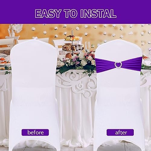 Pack of 120 Spandex Chair Sashes Bows Stretch Chair Cover Band with Buckle Slider Universal Elastic Chair Ties for Wedding Banquet Party Event Decoration (Purple) - Image 4