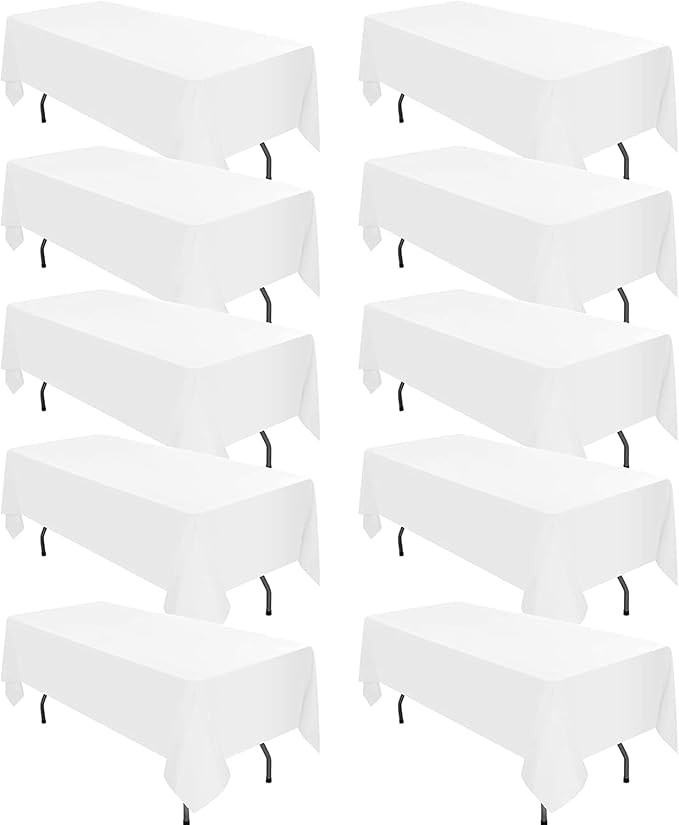 10 Pack White Tablecloths for 8ft Tables-60 x 126 Inch | Polyester Table Cover, Stain and Wrinkle Resistant Washable Fabric Table Cloth, Perfect for Wedding Banquet Parties by REWOMC