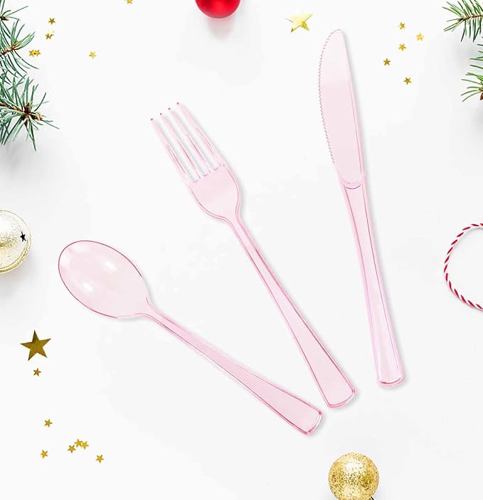 HEIPINIUYE 75 Pack Light Pink Clear Plastic Cutlery Heavy Duty Clear Pink Plastic Knives Forks and Spoons Disposable Silverware Set for 25 Guest Camping Birthday Baby Shower Party Utensil Set