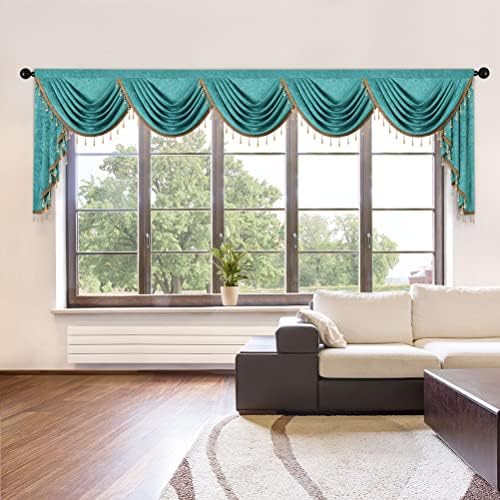 ELKCA Double-Sided Chenille Valance for Living Room Turquoise Curtains Valance with Gold Beads for Bedroom,Rod Pocket(W138Inch,1 Panel) by ELKCA