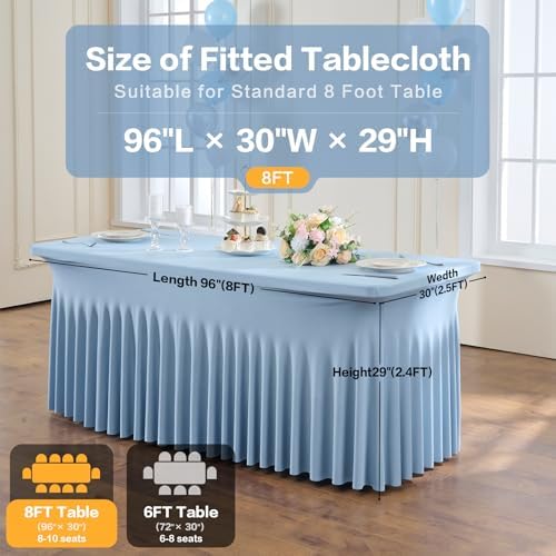 leegleri 2 Pack Dusty Blue Spandex Fitted Table Clothes for 8 Foot Rectangle Tables, Wrinkle Free 8ft Fitted Table Cover, Spandex Table Skirt for 8FT Rectangle Tables-for Banquet Weddings Parties - Image 7
