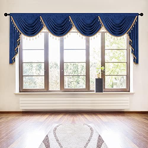 ELKCA Thick Chenille Window Curtains Valance for Living Room Royal Blue Swag Valance with Beads for Bedroom,Rod Pocket (W118inch,1 Panel) by ELKCA