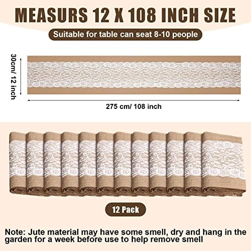 Tatuo 12 Pieces Burlap Table Runners with Lace 12 x 108 Inch Long Rustic Jute Natural Hessian Burlap Table Runner for Farmhouse Style Country Vintage Wedding Party Dinner Decoration - Image 2