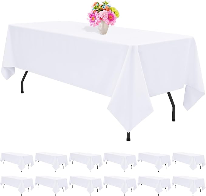 12 Pack White Tablecloths for 6ft Tables-60 x 102 Inch | Polyester Table Cover, Stain and Wrinkle Resistant Washable Fabric Table Cloth, Perfect for Wedding Banquet Parties by REWOMC