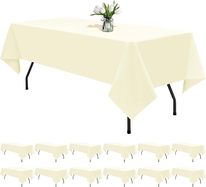 12 Pack Beige Tablecloths for 6ft Tables-60 x 102 Inch | Polyester Table Cover, Stain and Wrinkle Resistant Washable Fabric Table Cloth, Perfect for Wedding Banquet Parties by REWOMC