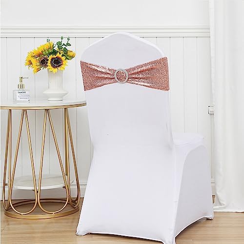 Double-Sided Sequins Rose Gold Chair Sashes for Wedding Decor, Rose Gold Sequin Chair Sashes Bands with Silver Buckles, Chair Bows for Party Ceremony Event Christmas Decorations - 100 Pack - Image 5