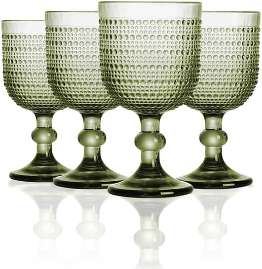 12 oz Green Vintage Wine Glasses,Hobnail Drinking Glasses Set of 4,Embossed Goblet Glasses for Wedding,Party, Dinner,Bar