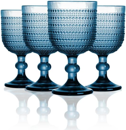 12 oz Blue Vintage Wine Glasses,Hobnail Drinking Glasses Set of 4,Embossed Goblet Glasses for Wedding,Party, Dinner,Bar