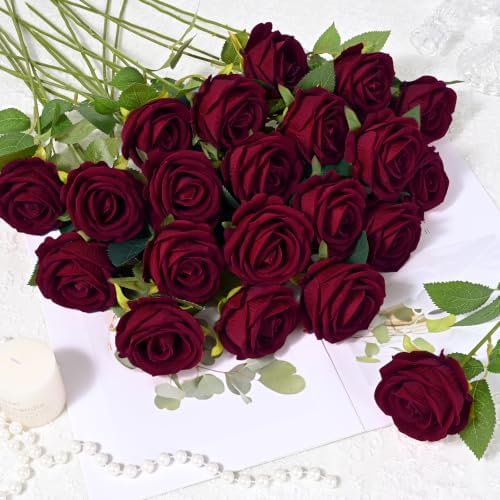 Waipfaru 50 Pcs Wine Red Roses, Fake Velet Burgundy Roses - Image 6