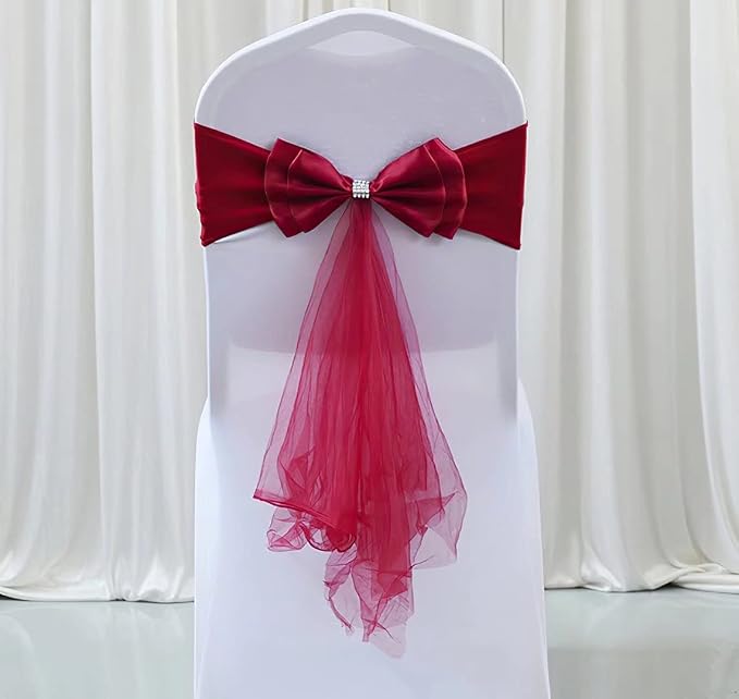 50Pcs Stretch Satin Chair Sashes Bows Chair Bands Decor for Hotel Wedding Reception Party Event Chair Cover Decoration Wine Red by SXXLDNG