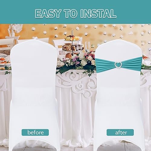 Pack of 30 Spandex Chair Sashes Bows Stretch Chair Cover Band with Buckle Slider Universal Elastic Chair Ties for Wedding Banquet Party Event Decoration (Turquoise) - Image 4