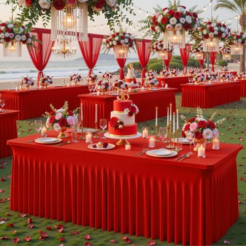 2 Pack Red Spandex Tablecloths for Rectangle Tables 6 Foot Red Stretch Table Cloth Rectangle 6ft Elastic Fitted Table Cover Fabric with Skirt for Wedding Graduation Birthday Party Banquet Buffet - Image 5