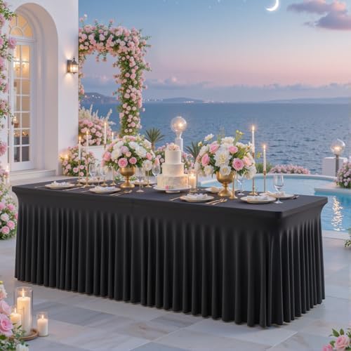 gogoparti 2 Pack Spandex Black Fitted Table Cloth for 6ft Rectangle Tables Black Stretch Tablecloth Table Covers Skirt Banquet Wrinkle Free Tablecloths for Parties Wedding - Image 3