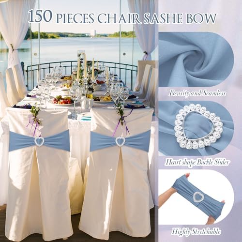 Colingmill 150 Pcs Spandex Chair Sashes Heart Buckle Elastic,Gray Blue - Image 3