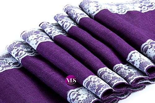 VDS Pack of 5, Burlap Table Runner with White Lace Edge, 100% Natural Jute Rustic Hessian Table Cloth Centerpiece for Wedding Birthday Party Banquet Table Decoration (Size 12X108 Inch)(Purple) - Image 2