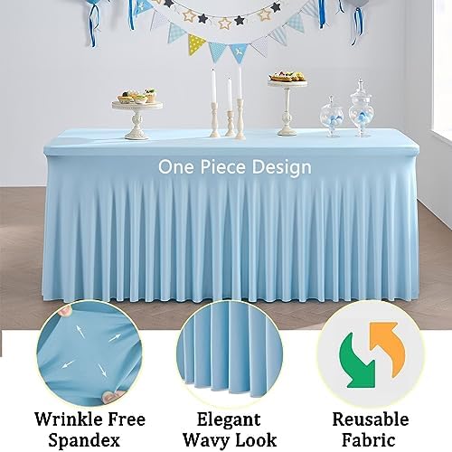 2 Pack Spandex Baby Blue Table Clothes for 8 Foot Rectangle Tables, Wrinkle Free Table Cloth 8ft Stretchy Tablecloths with Skirt for Parties Weddings Birthday Banquet Baby Shower - Image 4
