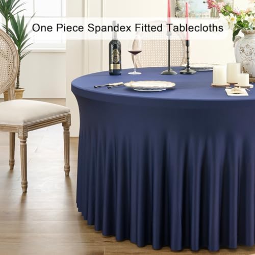 Outpain 6 Pack 72In/6FT Navy Blue Spandex Round Tablecloths, Stretchy 132inch Fitted 6FT Round Table Cloths, Wrinkle Free Table Cover with Skirt for Wedding Party Dining Banquet - Image 2